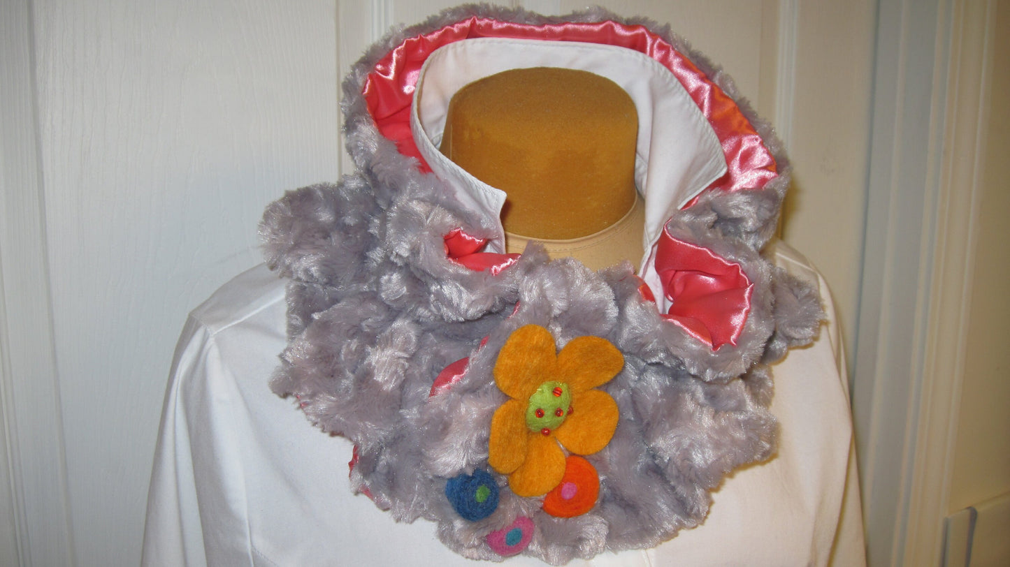 Ruffled Neck Warmer or Cowl w/Felted Whimsical Accent