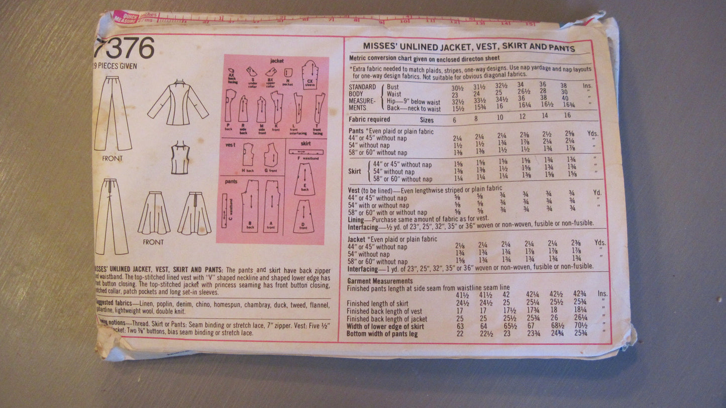 Vintage Simplicity Pattern - Unlined Jacket, Vest, Skirt, and Pants- Size Misses 14