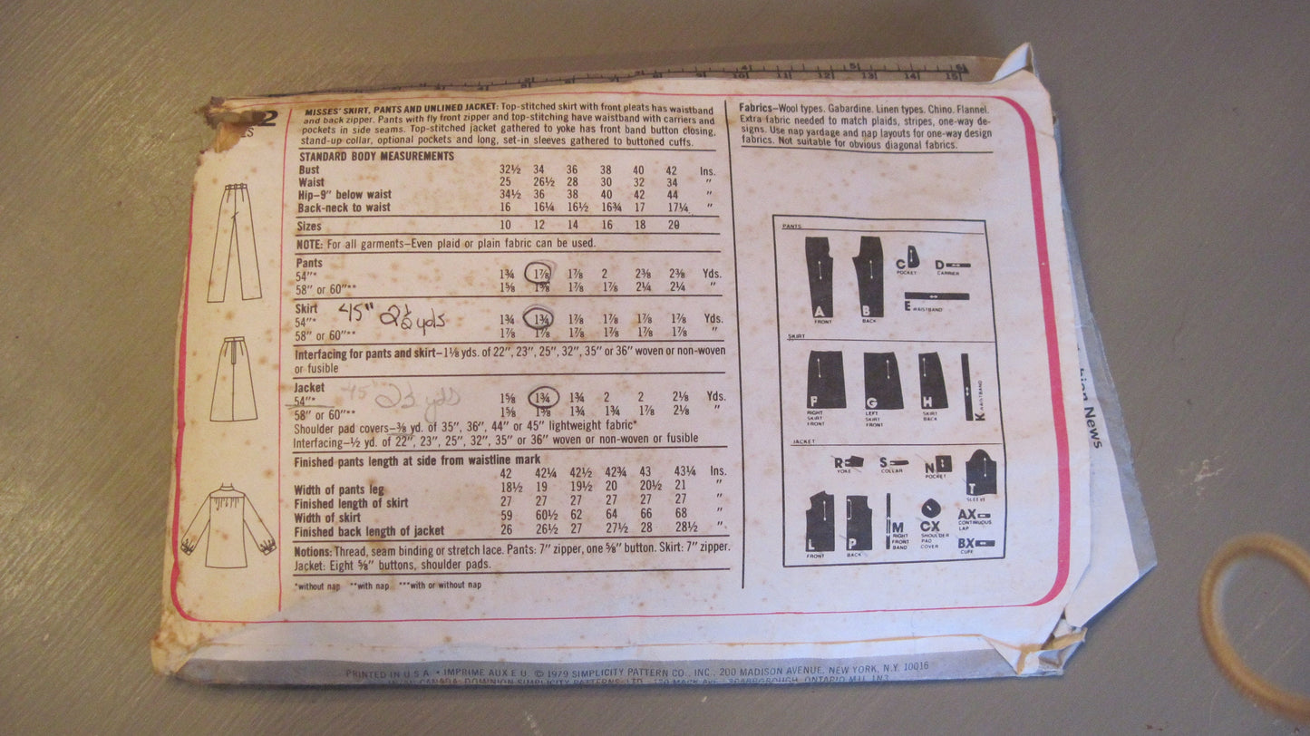 Vintage Simplicity Pattern, Women's Skirt, Pants, Unlined Jacket Size Miss 12