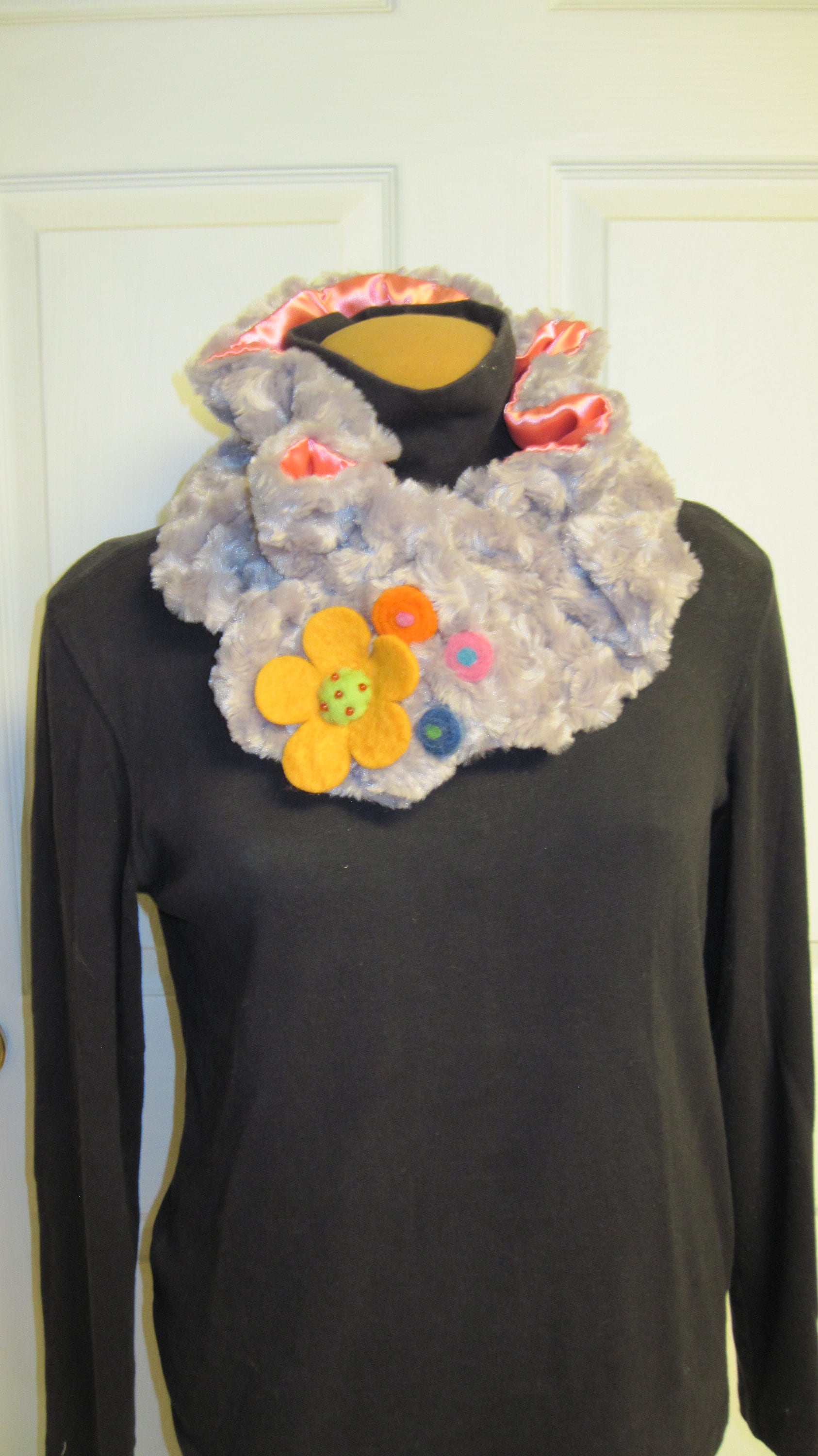 Ruffled Neck Warmer or Cowl w/Felted Whimsical Accent
