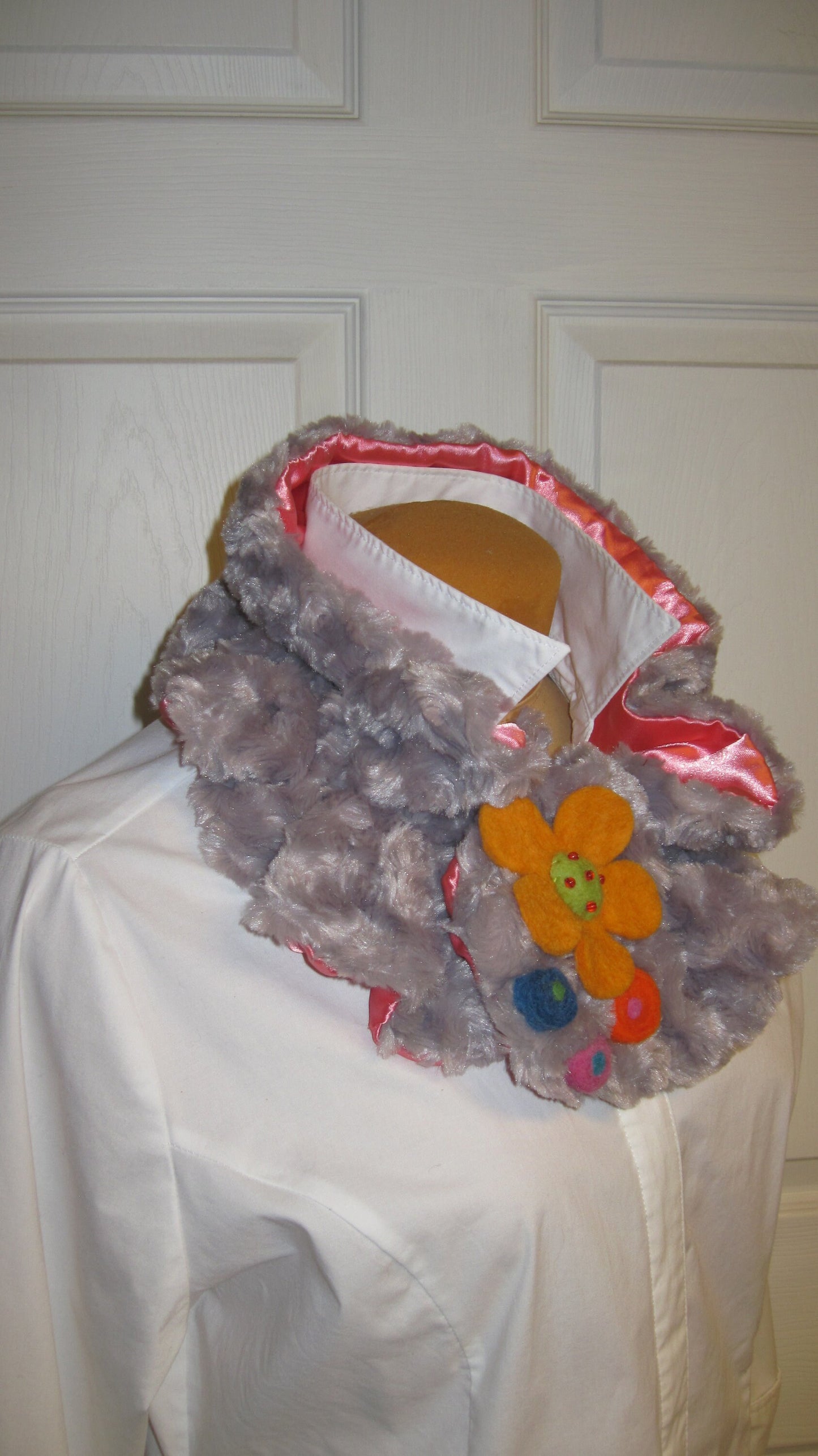 Ruffled Neck Warmer or Cowl w/Felted Whimsical Accent