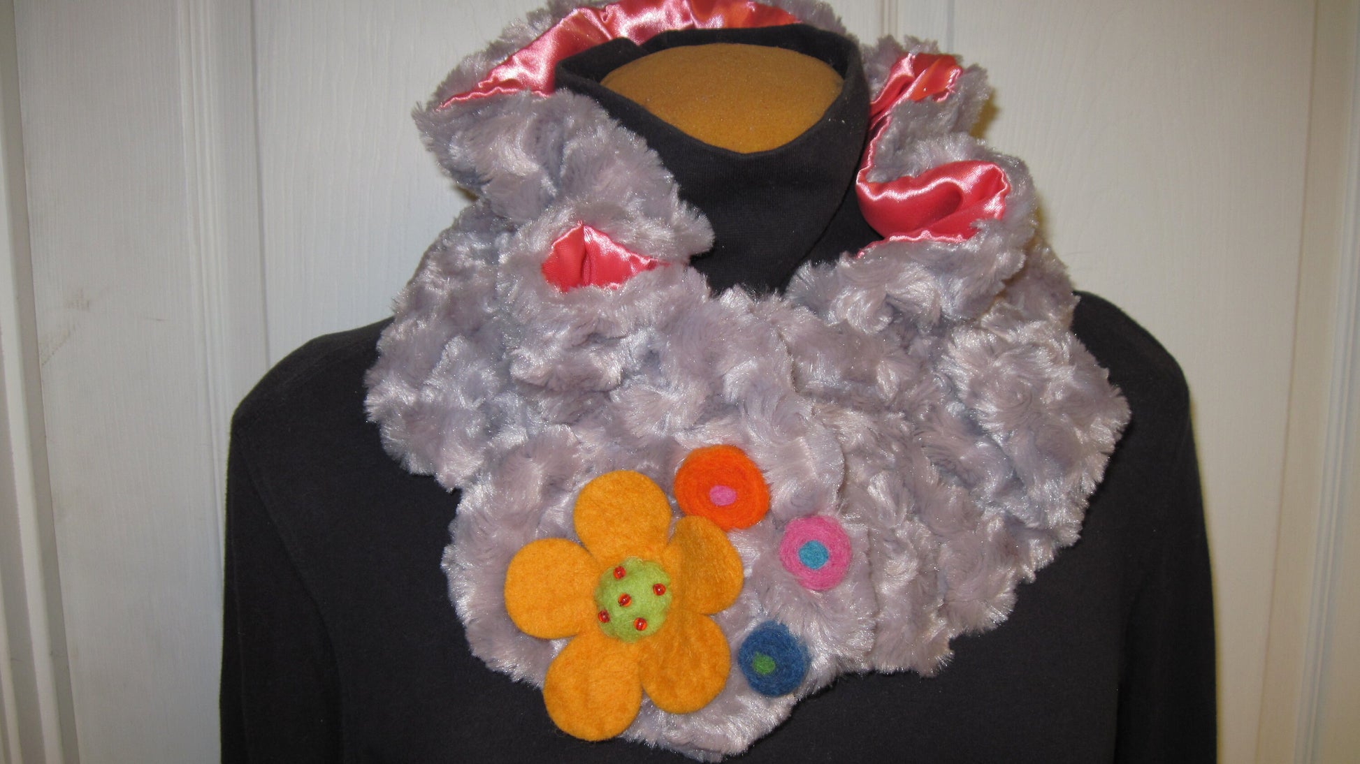 Ruffled Neck Warmer or Cowl w/Felted Whimsical Accent