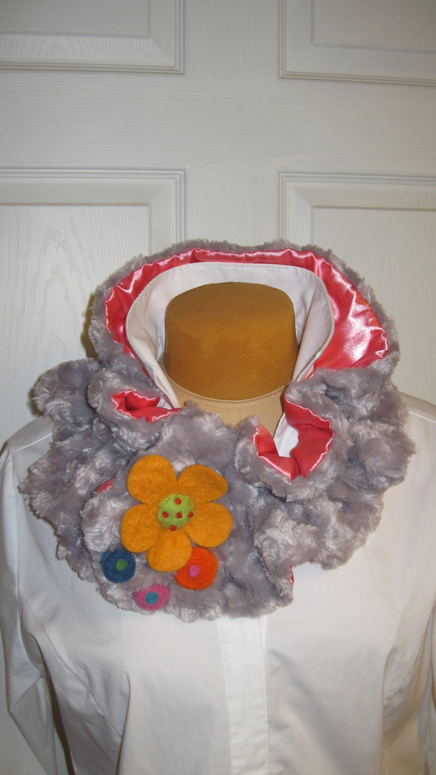 Ruffled Neck Warmer or Cowl w/Felted Whimsical Accent