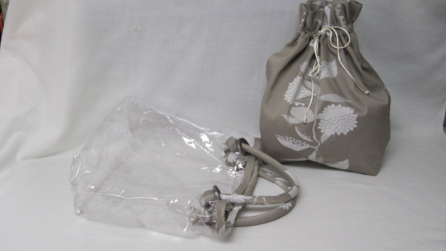 Peek-A-Boo Bag with Clear Outer Tote and Draw-string Sack - Beige & White