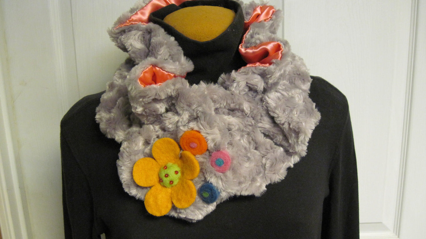 Ruffled Neck Warmer or Cowl w/Felted Whimsical Accent