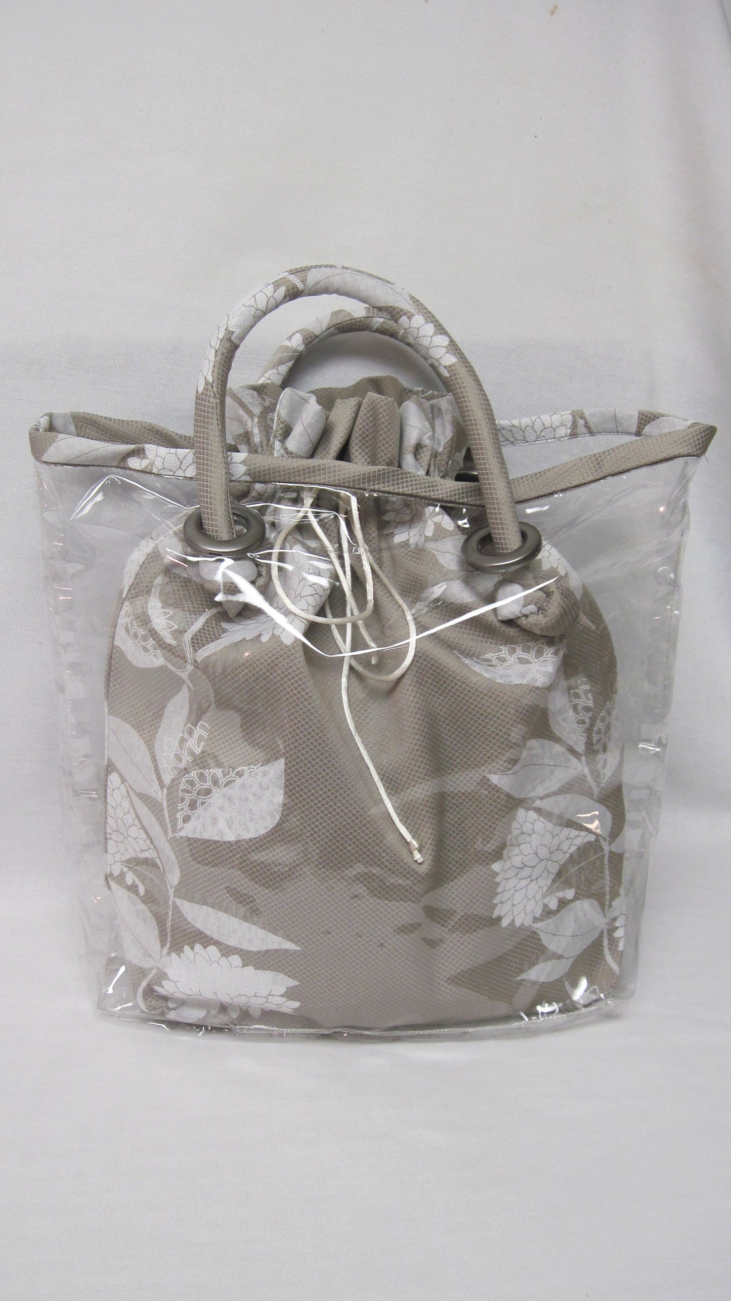 Peek-A-Boo Bag with Clear Outer Tote and Draw-string Sack - Beige & White