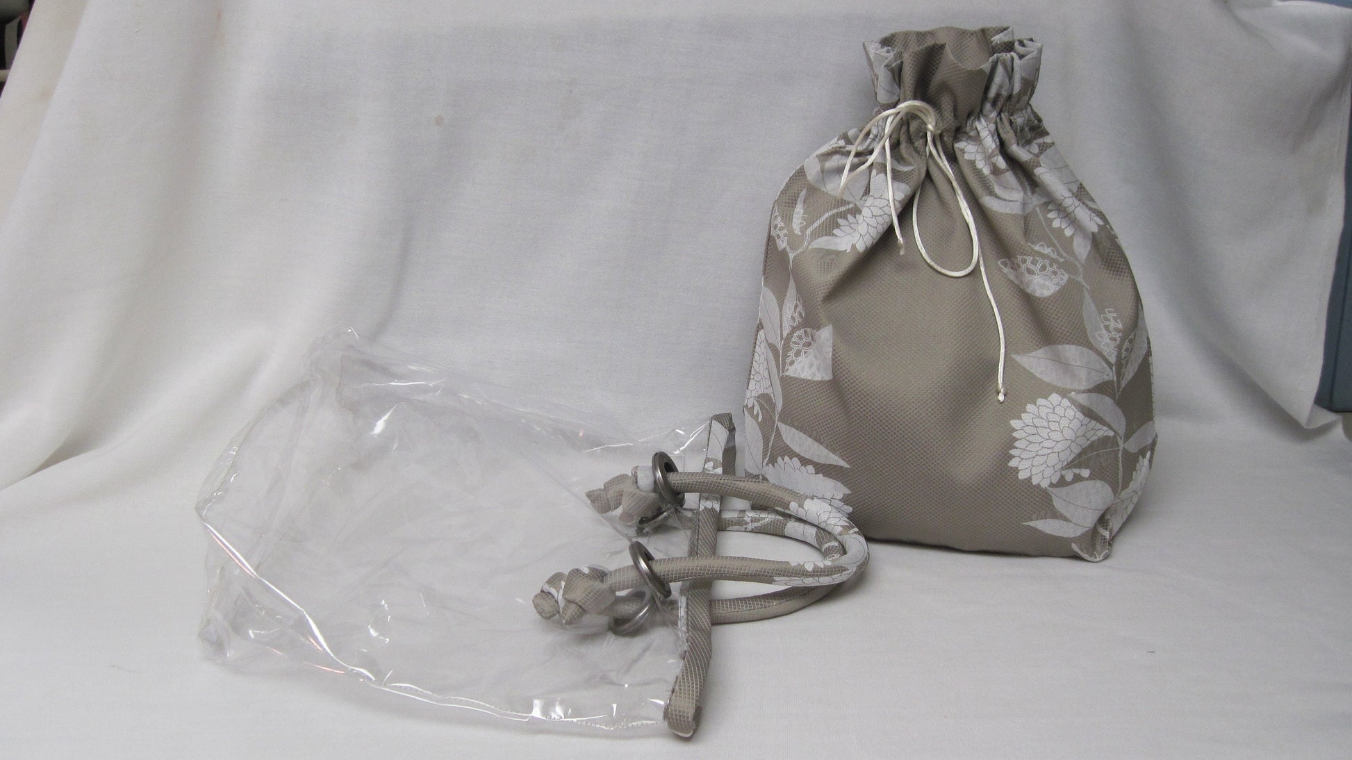 Peek-A-Boo Bag with Clear Outer Tote and Draw-string Sack - Beige & White