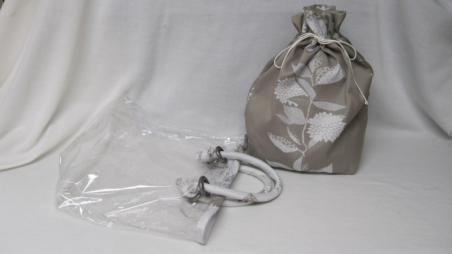 Peek-A-Boo Bag with Clear Outer Tote and Draw-string Sack - Beige & White