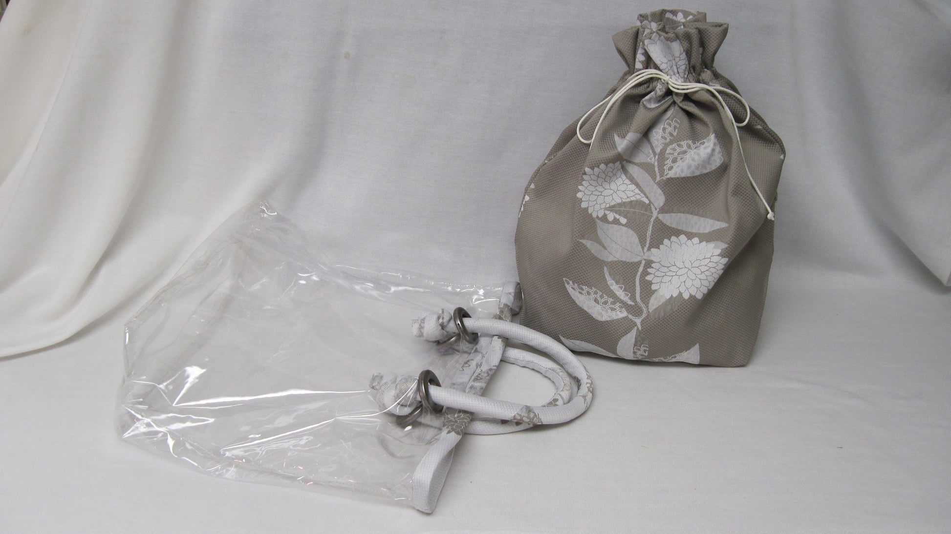 Peek-A-Boo Bag with Clear Outer Tote and Draw-string Sack - Beige & White