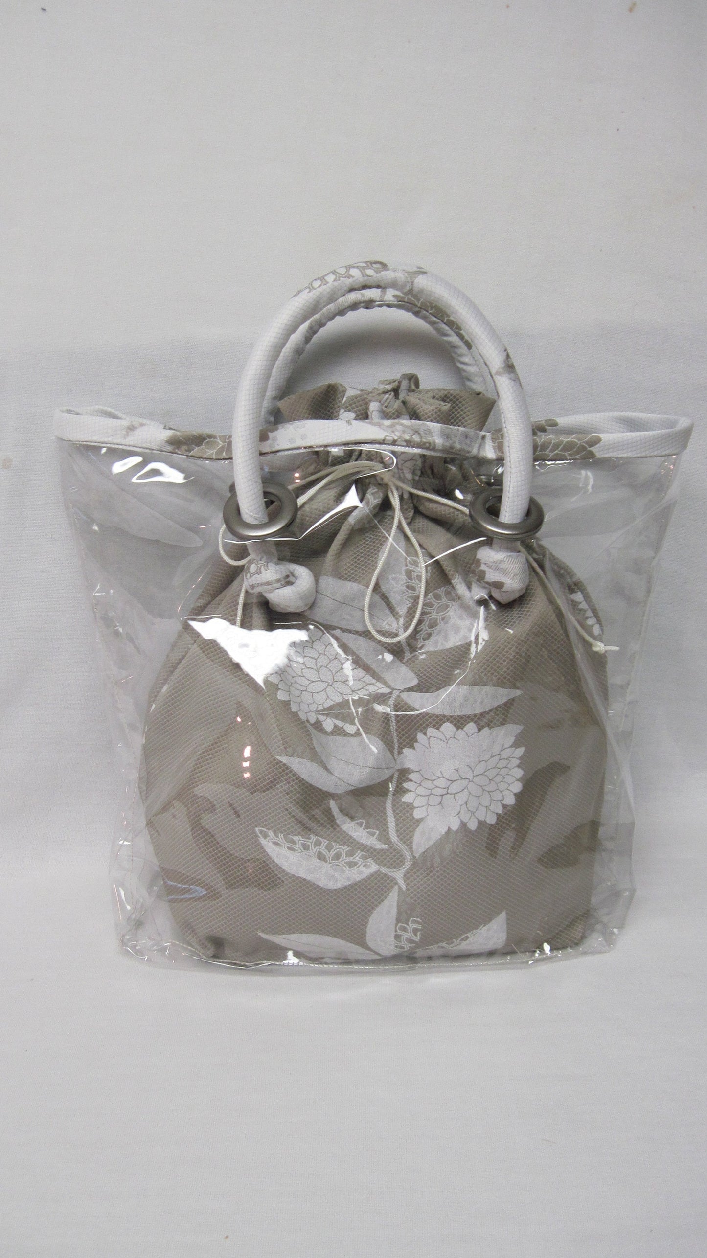 Peek-A-Boo Bag with Clear Outer Tote and Draw-string Sack - Beige & White