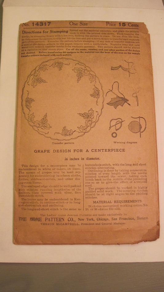 Vintage Embroidery Pattern - Grape Design for Round Centerpiece circa 1910's