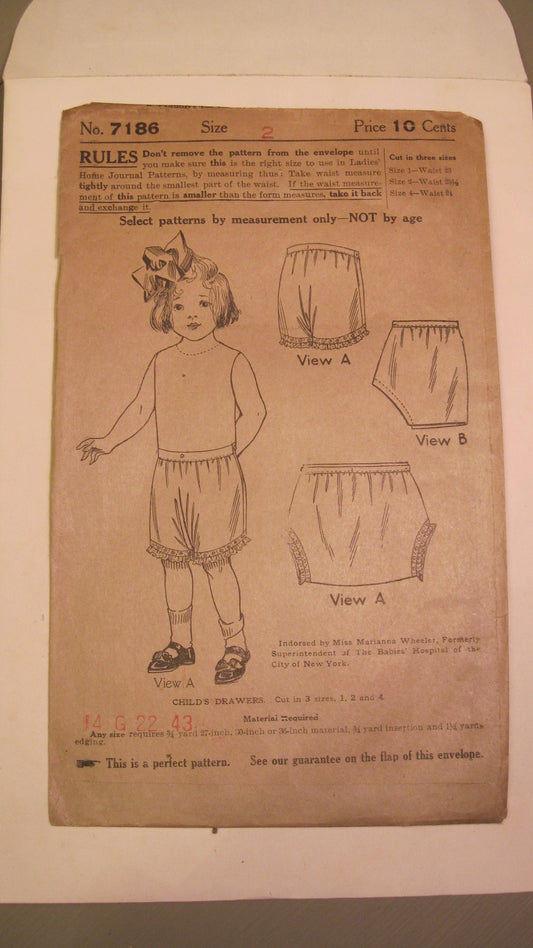 Vintage Sewing Pattern - Little Girl's Drawers 1920's