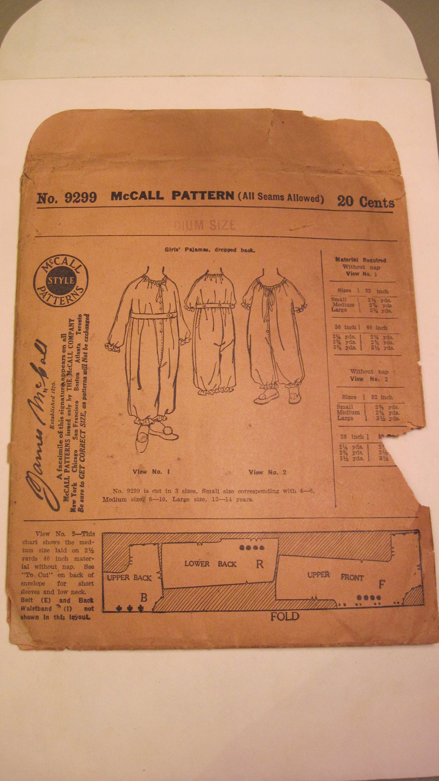 Vintage Sewing Pattern - Girl's Pajamas 1920's