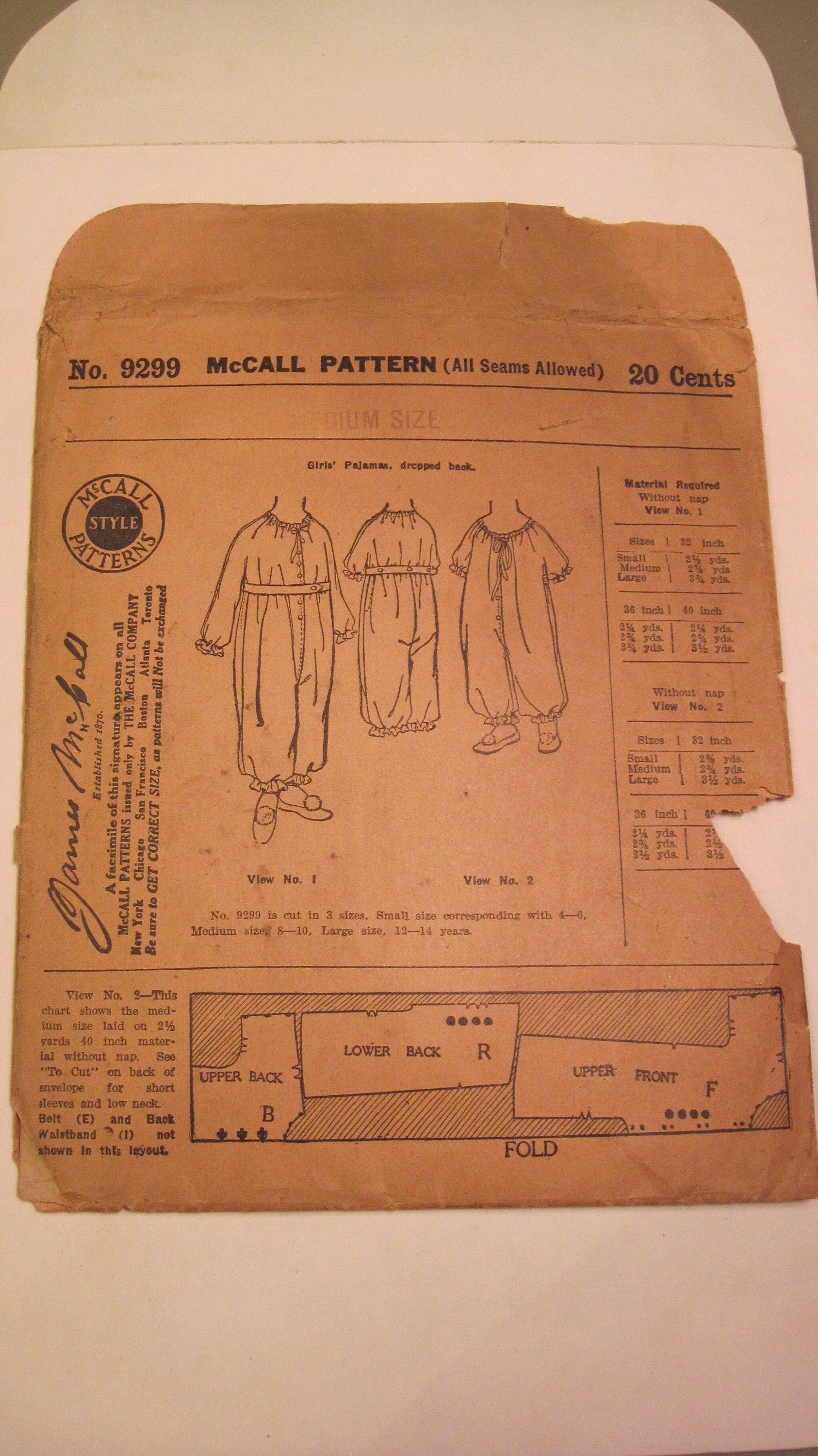 Vintage Sewing Pattern - Girl's Pajamas 1920's