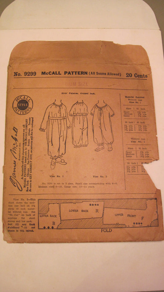Vintage Sewing Pattern - Girl's Pajamas 1920's