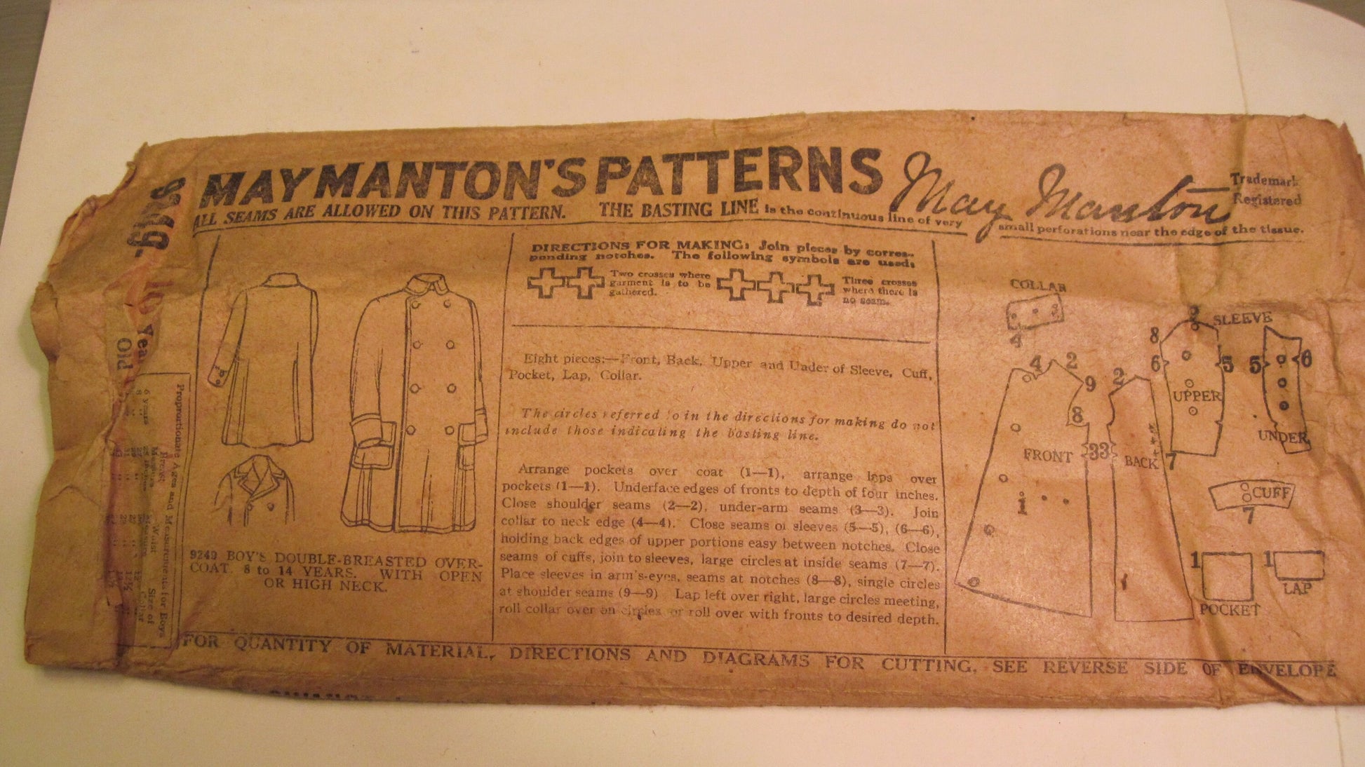 Vintage Sewing Pattern - Boy's Double Breasted Overcoat 1920's
