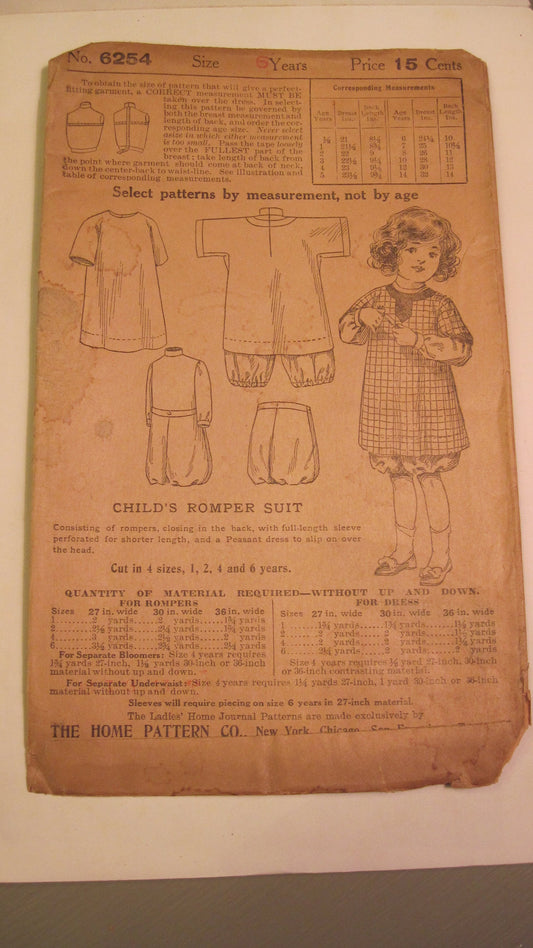 Vintage Sewing Pattern - Child's Romper Suit, Size 6 circa 1920's