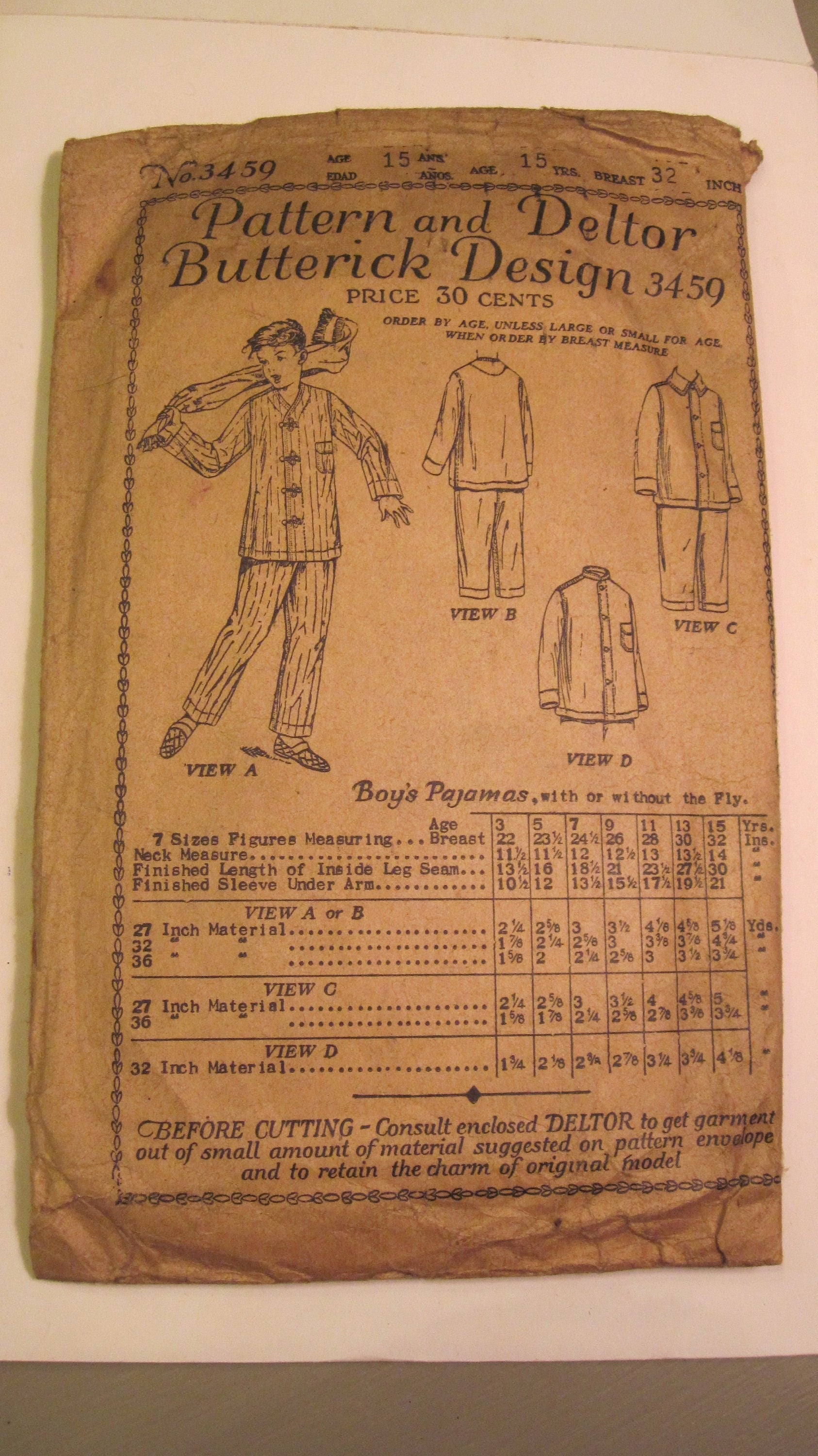 Vintage Sewing Pattern - Butterick - Boy's Pajamas 1920's