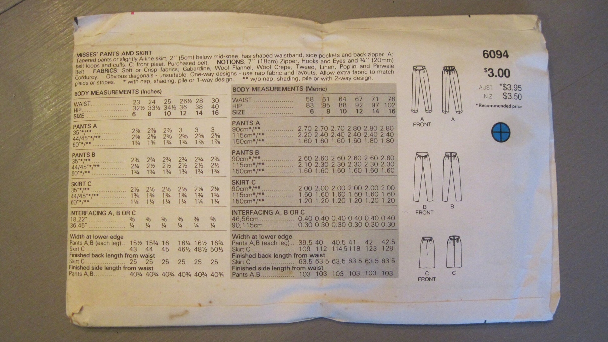 Womens Pant & Skirt Sewing Pattern Misses Size 6-10