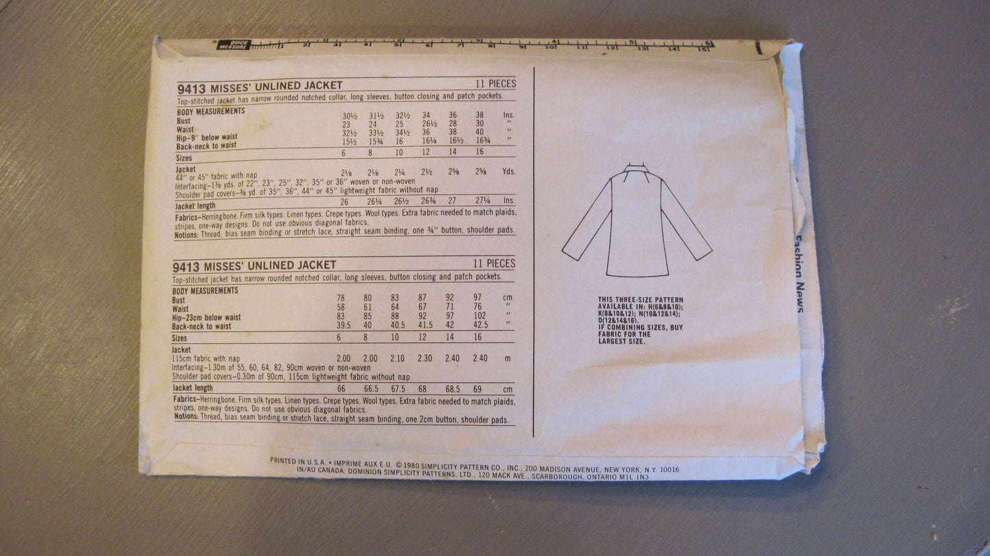 Unlined Jacket Pattern - Simplicity Size Misses 10-14