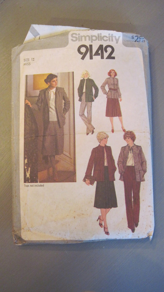 Vintage Simplicity Pattern, Women's Skirt, Pants, Unlined Jacket Size Miss 12
