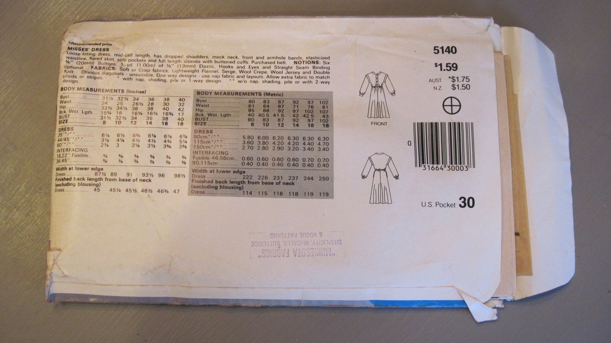 Vintage Sewing Pattern, Women's Dress Size 8-12 1980's
