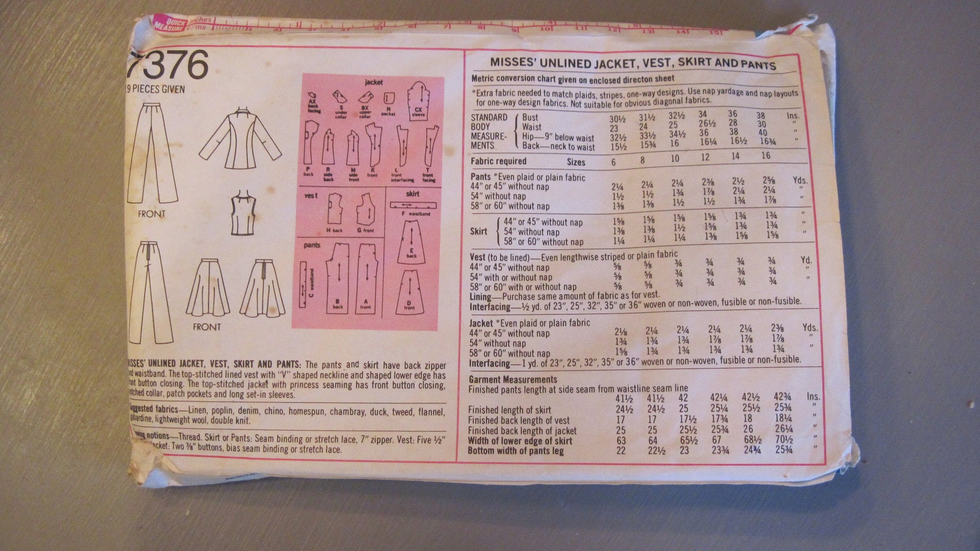 Vintage Simplicity Pattern - Unlined Jacket, Vest, Skirt, and Pants- Size Misses 14